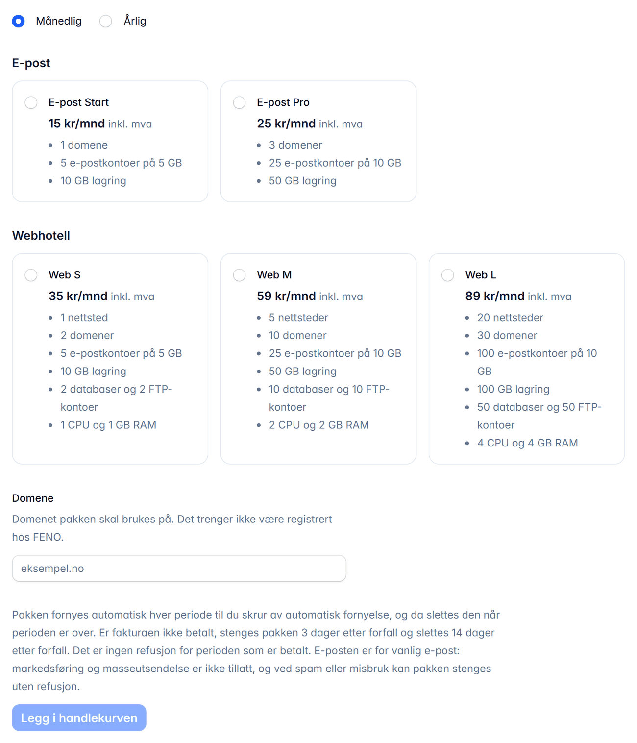 Bestillingssiden med e-postpakkene E-post Start og E-post Pro og webhotellpakkene Web S, Web M og Web L