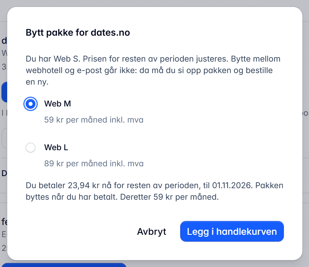 Dialogen Bytt pakke med Web M valgt og prisen for resten av perioden