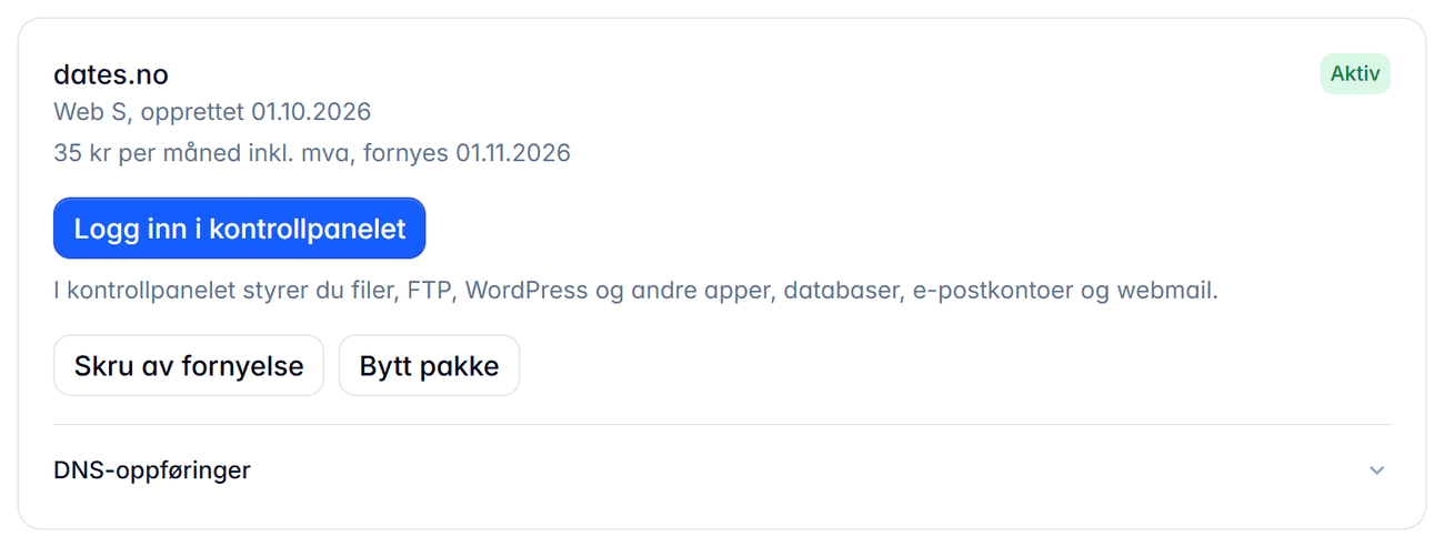 Pakken dates.no i dashbordet med knappene Logg inn i kontrollpanelet, Skru av fornyelse og Bytt pakke