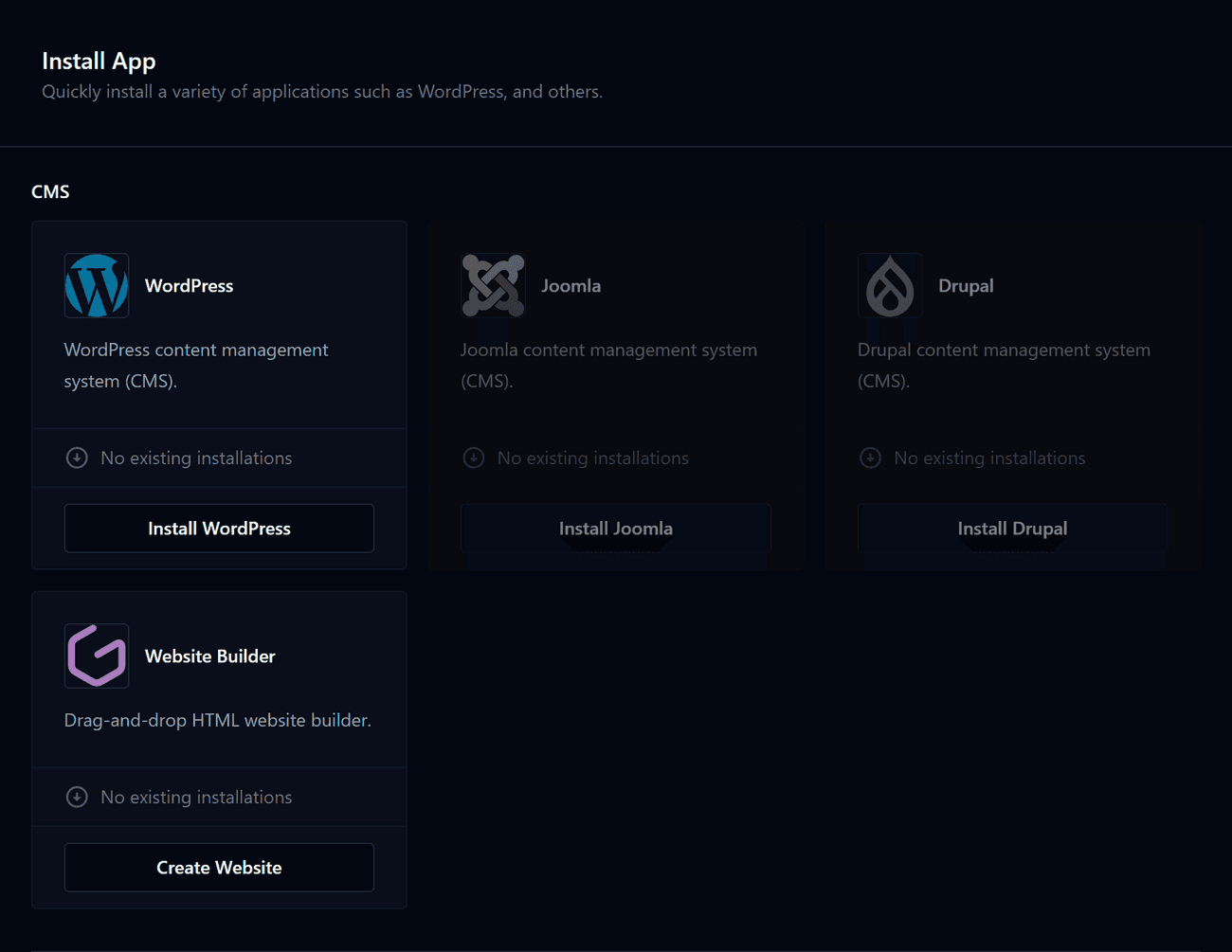 Install App i kontrollpanelet med WordPress og Website Builder