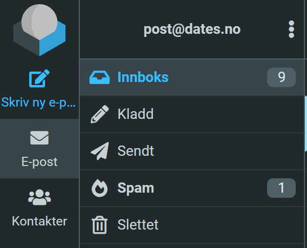 Mappene i webmail: Innboks, Kladd, Sendt, Spam og Slettet